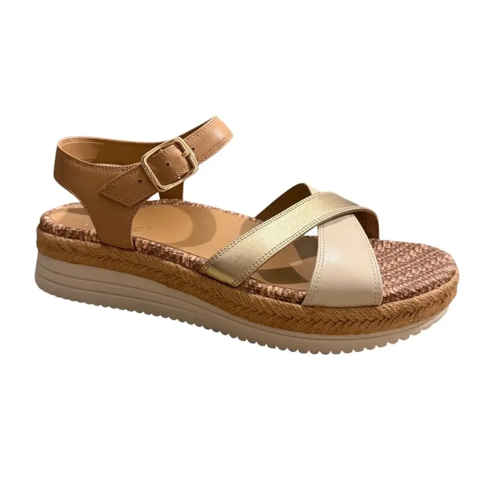 VIONIC Mar Wedge Sandal Camel Gold & Brown Leather NEW Women’s 8.5 Strappy Beach